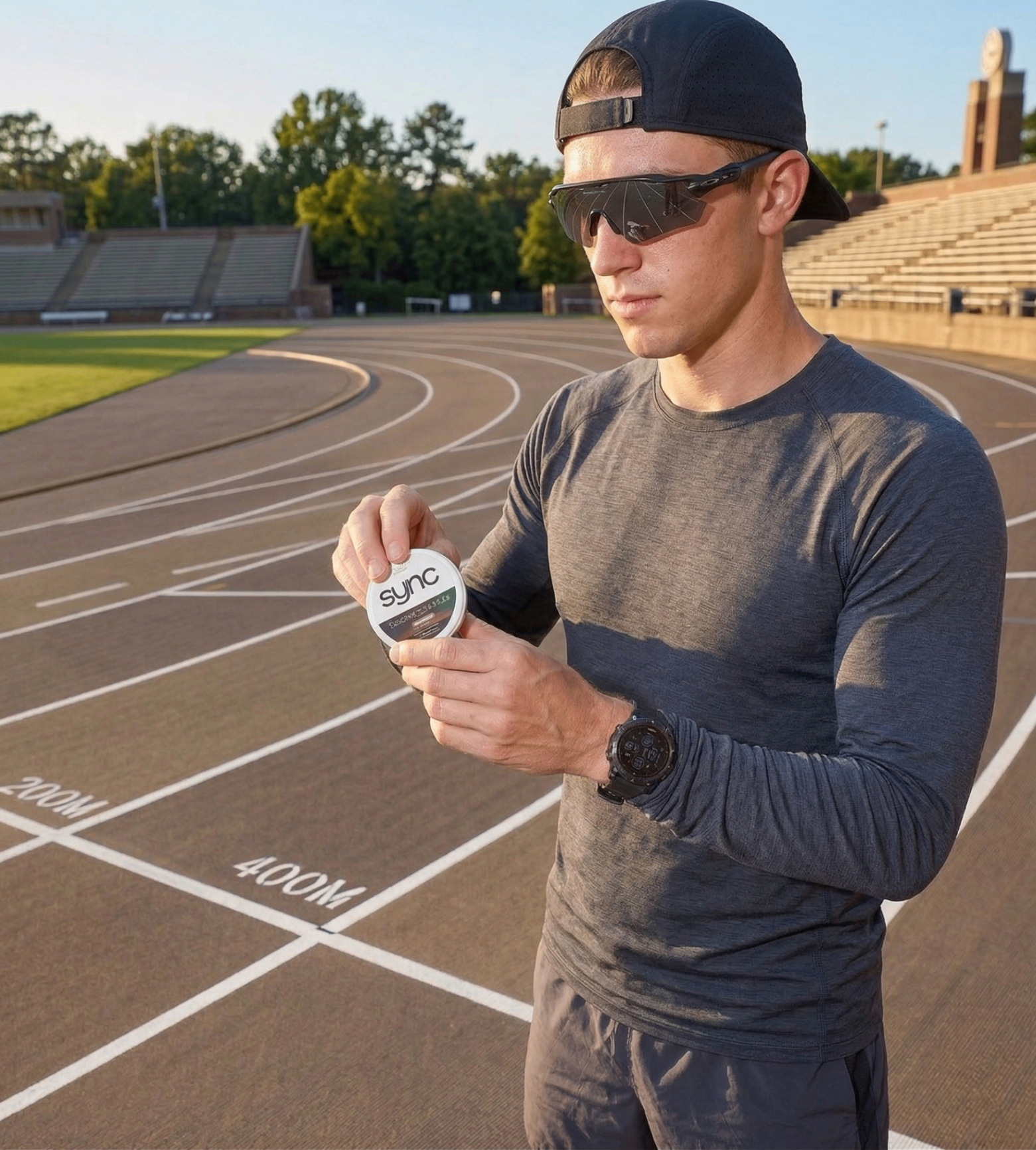 Athlete on a running track holding a Sync pouch